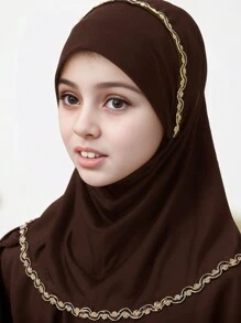 1pc Solid Color Gold Thread Lace Wrap Around Chin Convenient Hijab Cap, Breathable & Versatile Elastic Scarf In Mixed Colors, Hand-Made Chain Patterned Headscarf Cap For Girl, Instant Hijab, Malaysia/Indonesia Style