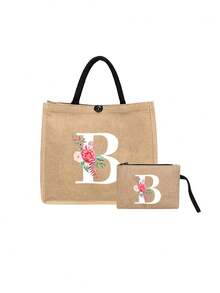 Linen Tote Bag, Including A Printed Initials A-Z Tote Bag And A Printed Small Bag, Black Letters, Flowers, Personalized Gift Package, Yellow Linen Black Tote Bag With Black Buckle, Combination Of Small And Large Bag