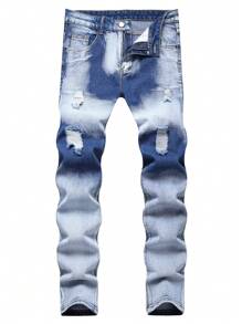 Jeans slim fit a gamba dritta con effetto invecchiato e patchwork, di stile europeo e americano, per uomo