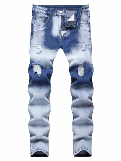 Pantalones vaqueros rectos de ajuste ceñido con parches y desgastados, estilo europeo y estadounidense para hombres