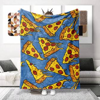 1pc Cute Pizza Print Flannel Blanket, Warm Throw Rug For Office, Home Decor, Gift