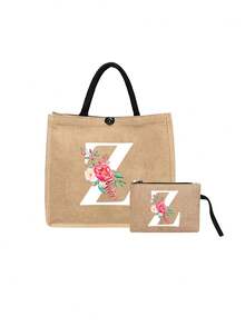 Linen Tote Bag, Including A Printed Initials A-Z Tote Bag And A Printed Small Bag, Black Letters, Flowers, Personalized Gift Package, Yellow Linen Black Tote Bag With Black Buckle, Combination Of Small And Large Bag