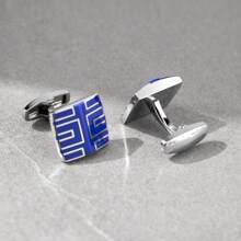 1 Pair Blue Enamel Polished Square Cufflinks, Fashionable Accessory For Men