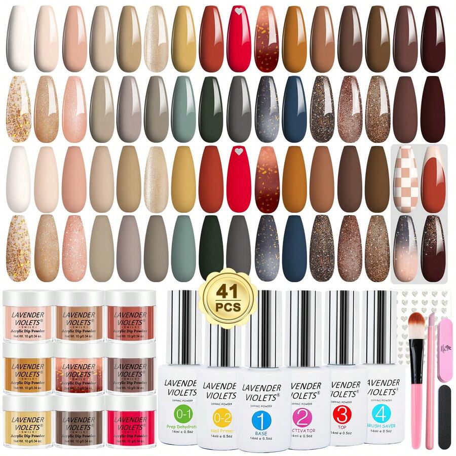 41入組浸泡式美甲套裝，30種顏色秋季裸棕色系列浸泡粉及美甲預備脫水劑和底漆、上光和活化液，配有必要的美甲工具，適用於沙龍家庭DIY美甲設計女性禮物套裝 - 棕色 - 查看 1