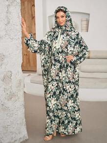 1 件印花头巾连体衣 Abaya，具有吸湿、透气、防静电功能，正面拉链，宽松剪裁，简洁方便，适合女性日常穿着、祈祷和外出。情人节女士面纱 - 彩色 - 查看 12