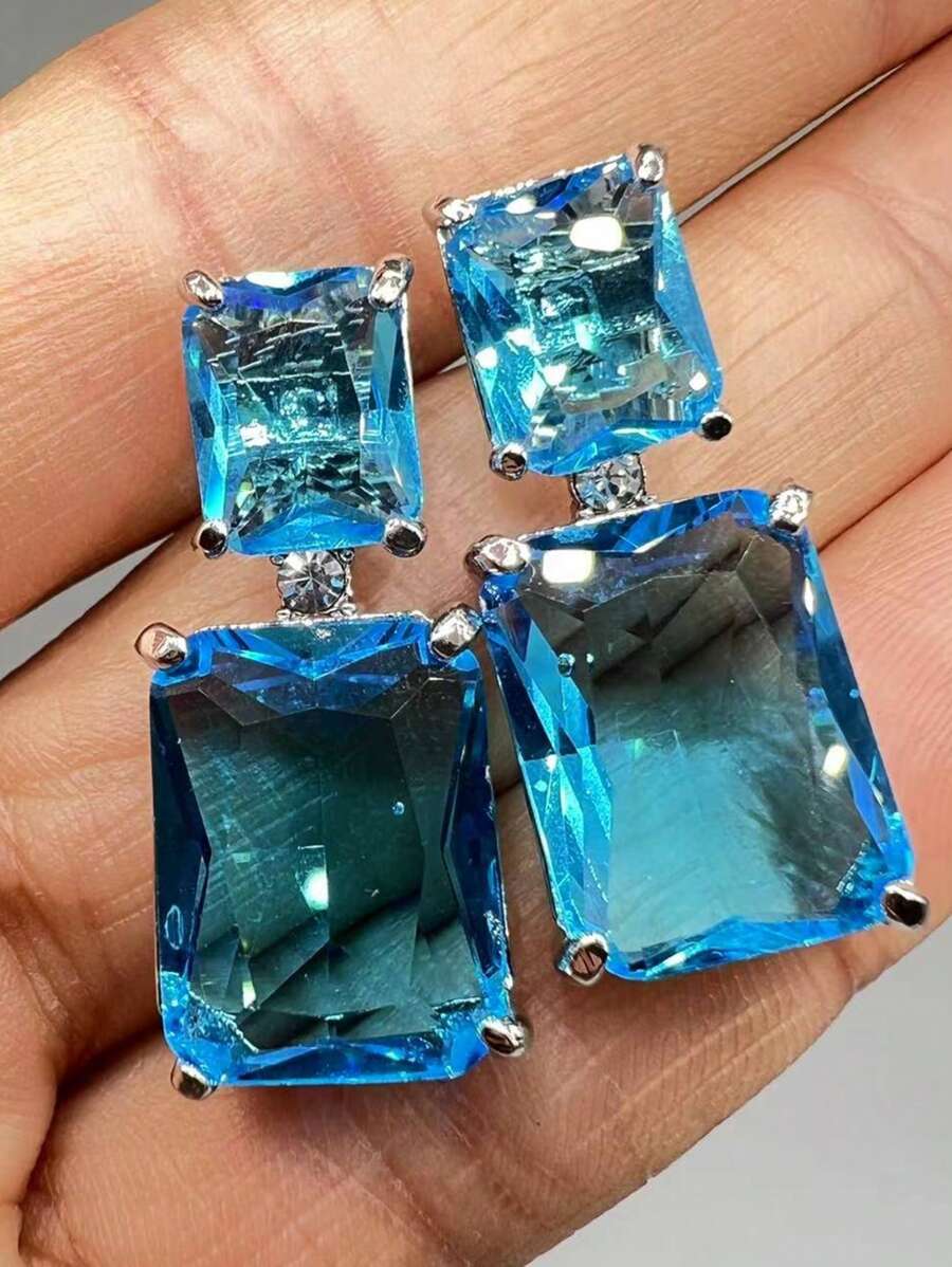 1pair Luxury Square Blue Zirconia Stones Earrings For Women Exquisite Fashion Silver Color Engagement Wedding Party Dangle Earring - 耳環 - 查看 1