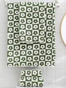 2 toallas de baño + toallas de mano de terciopelo coral suaves, finas, cómodas y de secado rápido, diseño de flores a cuadros, adecuadas para uso doméstico, lavado de cara y ducha 140*70+75*35cm - Amarillo - Ver 7