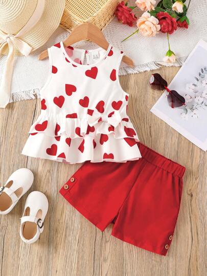 Young Girl 2pcs/Set Fashionable Summer Outfits , With Heart Print Sleeveless Top And Woven Top, And Casual Shorts For Holiday And Hot Weather