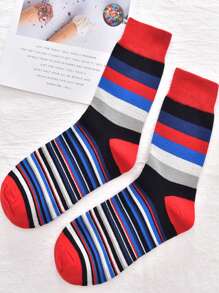 5 pares de Calcetines de tubo de hombre de talla grande de color clásico con rayas gruesas para primavera / invierno