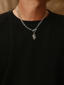 1pc Handcrafted Punk Style Stainless Steel Cross Pendant Necklace For Men, Daily Wear Accessory - Silver - View 1
