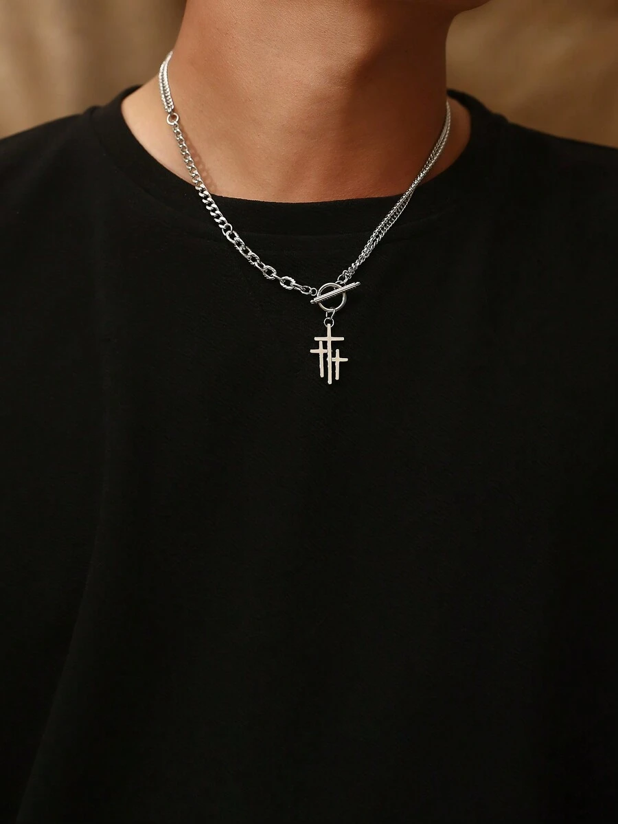 1pc Handcrafted Punk Style Stainless Steel Cross Pendant Necklace For Men, Daily Wear Accessory - Silver - View 1