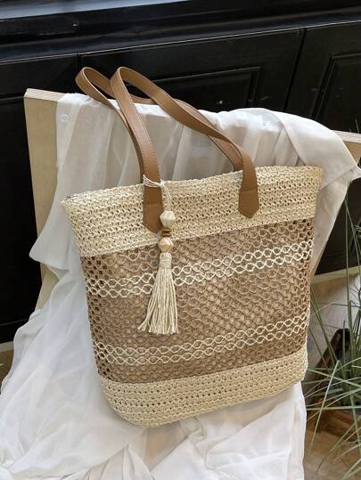 Color Block Tote Bag For Beach Vacation With Tassel Pendant Included, Perfect For Beach Vacation, Travel, Shopping, And Vacation Essentials