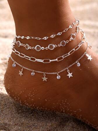 4入組個性化時尚簡約多層星形立方氧化鋯鏈腳鍊女款（星星數隨機）