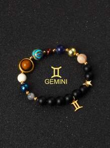 1 pieza Brazalete con universo, galaxia, ocho planetas, 12 constelaciones para mujer, de piedra natural, sistema solar, pulsera con signos del zodiaco Libra, Virgo, Leo, joyería de color dorado de acero inoxidable, colgante de constelación, regalo de joyería para parejas el Día de San Valentín