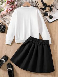 Tween Girls Tween Girl Letter Print Long Sleeve Top And Solid Pleated Skirt Set - White - View 2