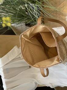 Colorblock Tote Bag For Beach Holiday With Tassel Pendant Included, Perfect For Beach Vacation, Travel, Shopping, And Vacation Essentials - Khaki - View 4