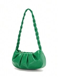 Woven Strap Shoulder Pleated Baguette Bag - Green - View 2