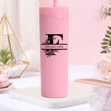 1入組個性化A-Z字母圖案16盎司純色塑料水瓶，客製化姓名飲用杯，適用於夏季和冬季飲料，扁平底部牛奶咖啡杯，旅行配件，節日伴娘新娘禮物 - 玫紅色 - 查看 27