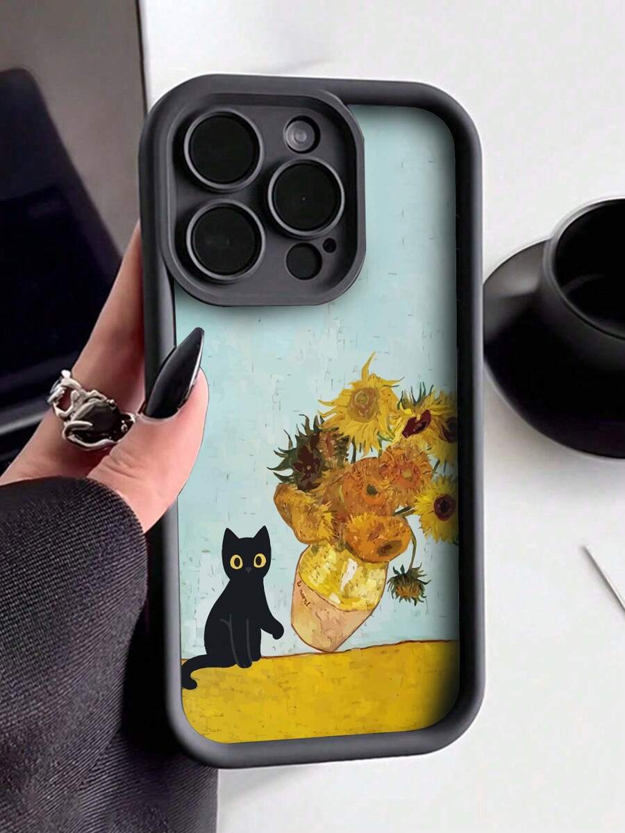 1pc Fashionable Thickened Shockproof Oil Painting Black Cat Pattern Phone Case, Compatible With Apple&Compatible With Samsung Galaxy,International Version, Not The Domestic Version - Black - View 1