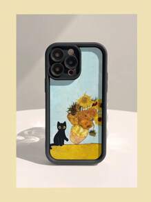 1pc Fashionable Thickened Shockproof Oil Painting Black Cat Pattern Phone Case, Compatible With Apple&Compatible With Samsung Galaxy,International Version, Not The Domestic Version - Black - View 2