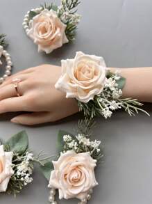 6件組新娘手腕花飾，女士手持人造玫瑰花，婚禮花卉，派對裝飾 - 手腕花 - 查看 8