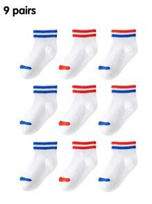 9 Pairs [Mixed Colors] Boys And Girls White Red Stripes Blue Stripes Summer Mesh Thin Girls Socks Stripes Boys Spring And Summer Mesh Sports Socks Black And White Two Stripes Cute Girls Student Socks Spring And Autumn Thin Socks Summer New Street Neutral Style Vitality Cute Baby And Girls Popular Artistic Style Short Socks Elementary And Middle School Students Children's Socks School Season Short Socks - Multicolor - View 1