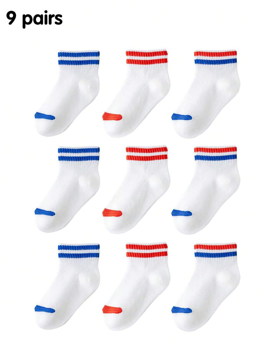 9 Pairs [Mixed Colors] Boys And Girls White Red Stripes Blue Stripes Summer Mesh Thin Girls Socks Stripes Boys Spring And Summer Mesh Sports Socks Black And White Two Stripes Cute Girls Student Socks Spring And Autumn Thin Socks Summer New Street Neutral Style Vitality Cute Baby And Girls Popular Artistic Style Short Socks Elementary And Middle School Students Children's Socks School Season Short Socks - Multicolor - View 1