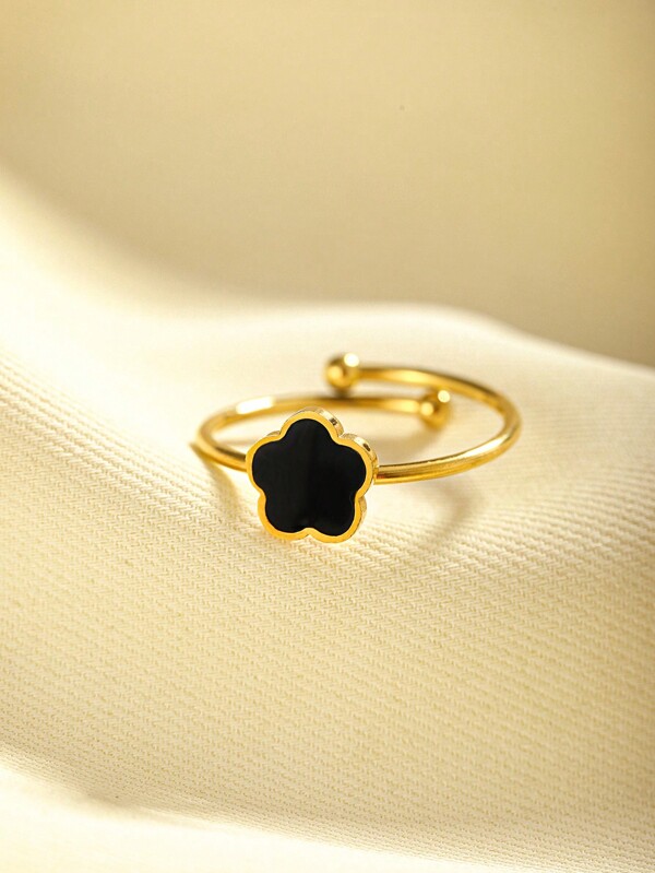 1pc Elegant Style Stainless Steel Black Oil Drip Flower Shaped Ring For Women, Gift For Her Valentines,Mom,Mother,Mother's Day,Gift
