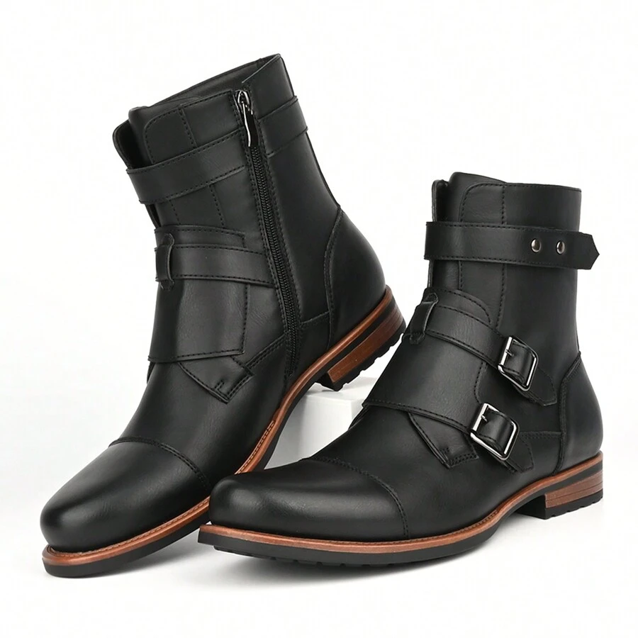 Men's Low Vamp Buckle Naked Boots With Side Zipper Fashion Boots