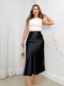 LULU RUN Saia Midi Feminina De Cetim Evasê Fluida
