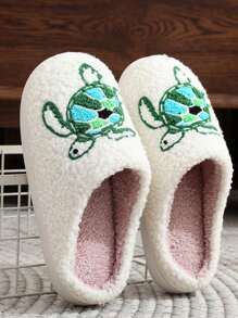 女士卡通海龟毛皮拖鞋，厚底舒适室内家居拖鞋，适合秋冬季