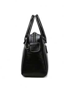 復古油皮手提包，雙拉鍊，大容量，簡約空間，歐美風格，肩帶手柄，適合女性日常通勤約會禮品 - 黑色 - 查看 6