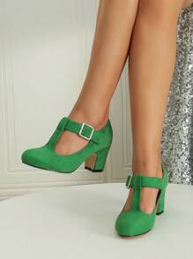Chaussures à talons épais en Babies à bride en T pour mariage d'automne/hiver, décontracté et mode. Chaussures de soirée en velours pour le travail formel. Chaussures pour femmes pour l'extérieur (les chaussures sont larges, veuillez commander 0,5 taille en dessous si votre pied est fin)