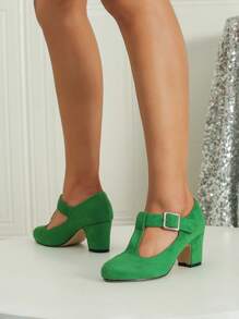 Chaussures à talons épais en Babies à bride en T pour mariage d'automne/hiver, décontracté et mode. Chaussures de soirée en velours pour le travail formel. Chaussures pour femmes pour l'extérieur (les chaussures sont larges, veuillez commander 0,5 taille en dessous si votre pied est fin)