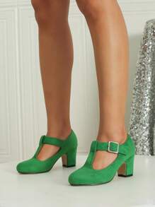 Chaussures à talons épais en Babies à bride en T pour mariage d'automne/hiver, décontracté et mode. Chaussures de soirée en velours pour le travail formel. Chaussures pour femmes pour l'extérieur (les chaussures sont larges, veuillez commander 0,5 taille en dessous si votre pied est fin)