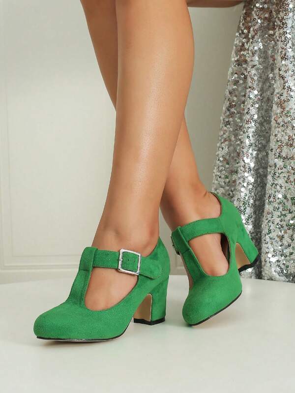 Autumn/Winter Wedding Casual Fashion High Heel Mary Jane T-Strap Buckle Chunky Heel Pumps, Formal Velvet Dress Work Office Outdoor Shoes