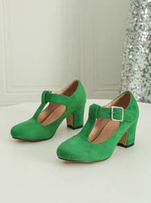Chaussures à talons épais en Babies à bride en T pour mariage d'automne/hiver, décontracté et mode. Chaussures de soirée en velours pour le travail formel. Chaussures pour femmes pour l'extérieur (les chaussures sont larges, veuillez commander 0,5 taille en dessous si votre pied est fin)