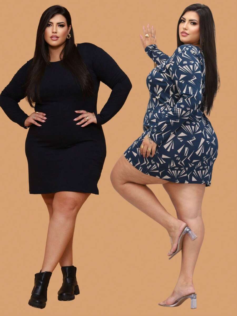 Plus Size Dresses - Tam giác đen + xanh lam - Xem 1