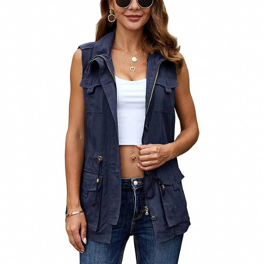 PiePieBuy Áo vest tiện ích quân sự thông thường của Wome Áo khoác dây rút không tay nhẹ có túi - Xanh đậm - Xem 1