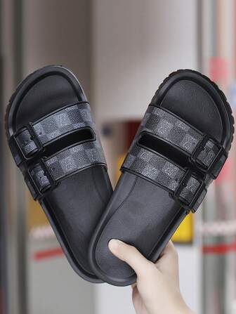 男士简约时尚防滑室内/户外拖鞋，适合居家、海滩、河流徒步旅行和日常休闲穿着，鞋底厚实舒适（随机不对称图案）