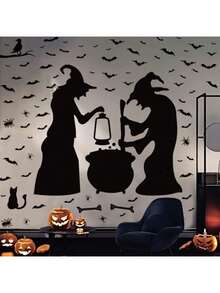 萬聖節派對裝飾牆貼窗戶裝飾套裝，包含2個女巫、蝙蝠、蜘蛛、老鼠和烏鴉，適用於玻璃裝飾，客廳和臥室牆壁 - 彩色 - 查看 6