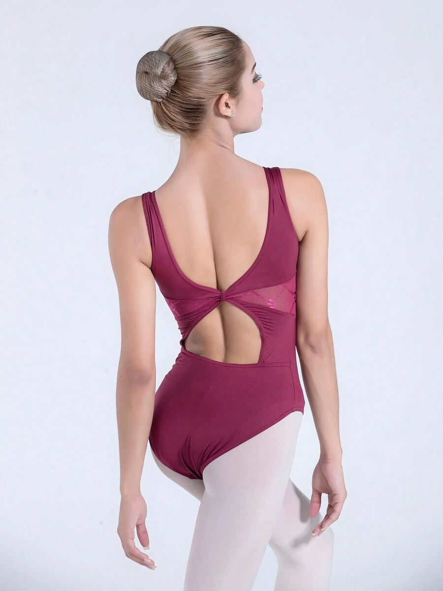 balletto 女式舞蹈連身衣，緊身無袖背心配織花紋，後開叉芭蕾全身連體衣適用於成人練習、藝術考試和體操 - 酒紅色 - 查看 1