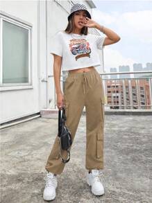 Pantalón Cargo Para Dama, Pantalones Rectos Holgados - Caqui - Ver 7