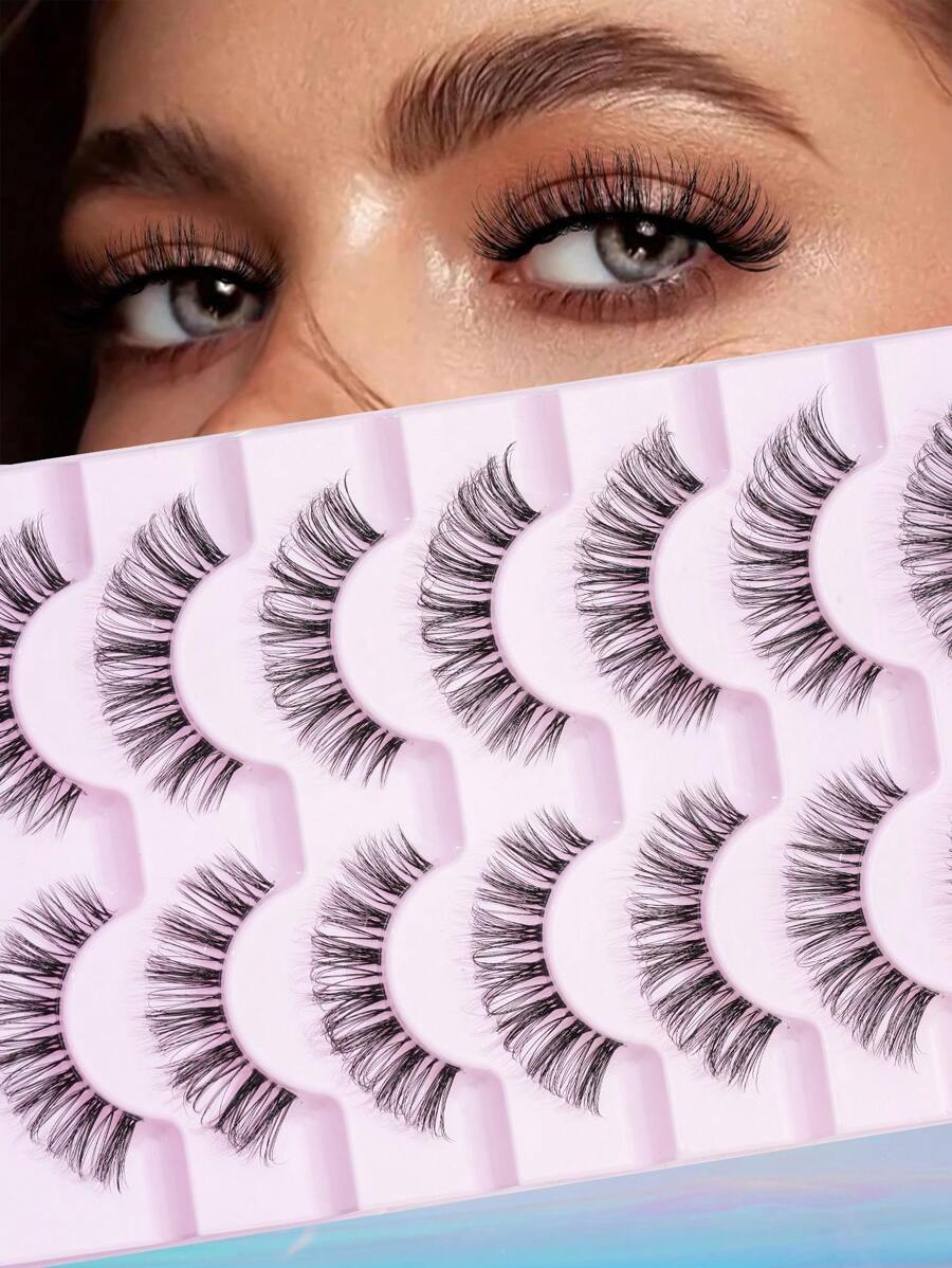 7pairs Transparent Stem Cross Type 3D Curling Lengthening False Eyelashes, 6-13mm Strip Lashes, Lashes, Eyelashes, Fake Lashes - Black - View 1