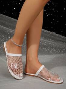 Women's Flat Sandals With Hollow-Out Rhinestone, 2025 New Summer Non-Slip Fishnet Beach Vacation Slip-On Sandals, Black & Apricot, Fashionable Elegant Glamorous Music Festival Punk Chic Sexy