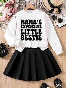 Tween Girls Tween Girl Letter Print Long Sleeve Top And Solid Pleated Skirt Set - White - View 1