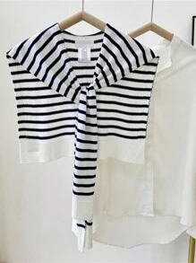 女士条纹针织混纺披肩，1 件装，兼具防晒和装饰功能，适合时尚经典场合，户外防晒、度假旅行必备。 - 彩色 - 查看 15