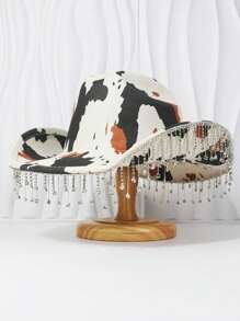 1 szt. Wzór krowy Kapelusz kowbojski Western z kryształkami, lśniący frędzel, materiał zamszowy dla samotnych pań, wieczory panieńskie, festiwale muzyczne Halloween - A - Zobacz 3