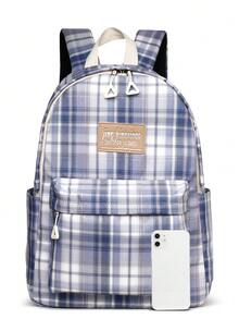 Fashion Plaid Colorblock Multi-Pocket Large Capacity Backpack, Versatile For Traveling And Outdoor Activities Back To School School Bag For Books - Blue - View 3