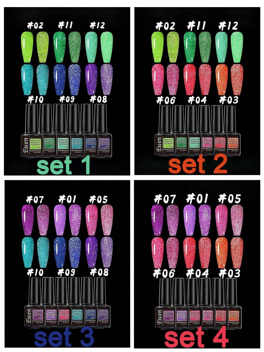 6入組7ML反光閃粉凝膠指甲油，全息閃爍鑽石泡沫式UV LED凝膠指甲油，適用於家庭美甲和美甲沙龍